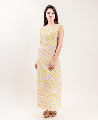 Cotton Hand Block Printed Lemon Long Designer Tiered Dress