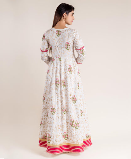 White Hand Block Printed Floor Length Flared Princess Gown