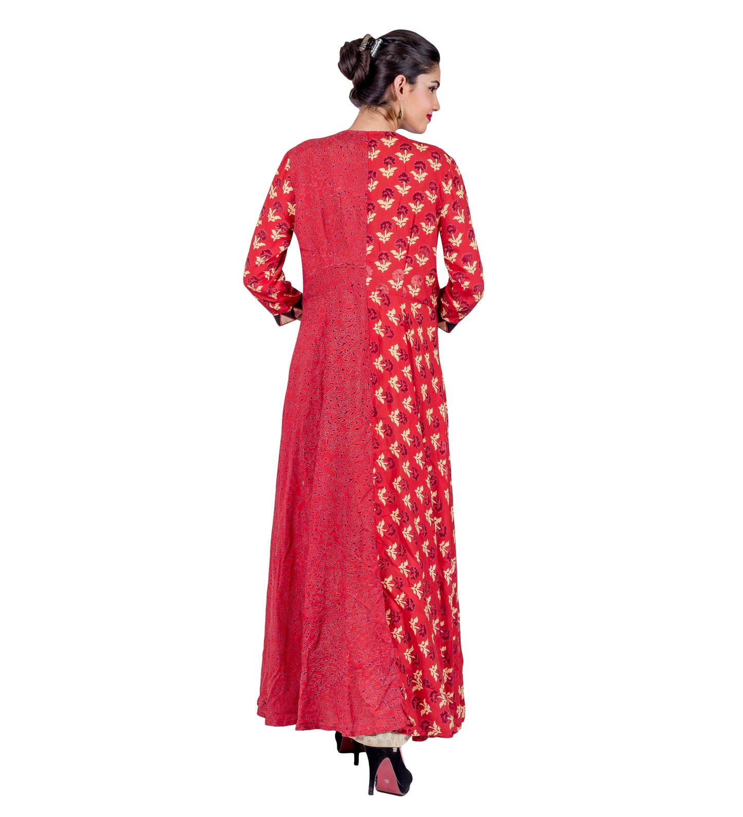 Rust Hand Block Printed Long Jacket Dress with Beige Inner