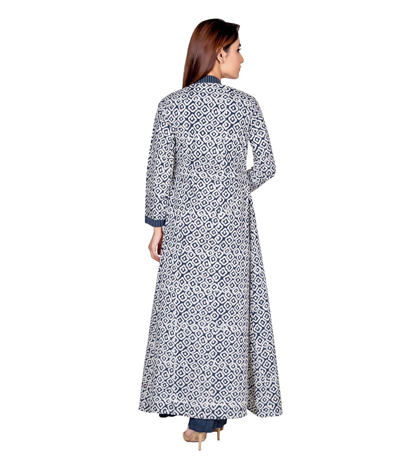 Blue & White Hand Block Printed Indo Western Long Jacket Dress