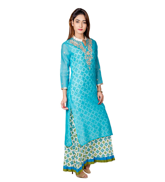 Blue & White Embroidered Indo Western Chanderi Jacket Dress