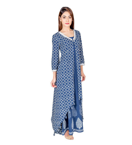 Indigo Blue Hand Block Printed Jacket Dress