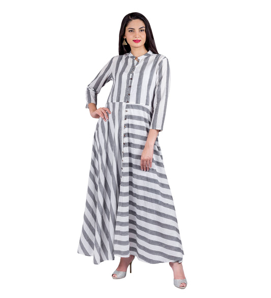 Grey / White Stripe Button Down Indo Western Jacket Dress