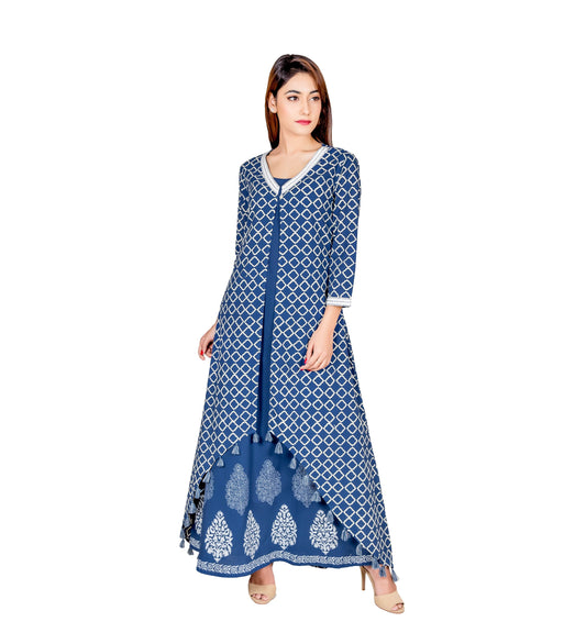 Indigo Blue Hand Block Printed Jacket Dress
