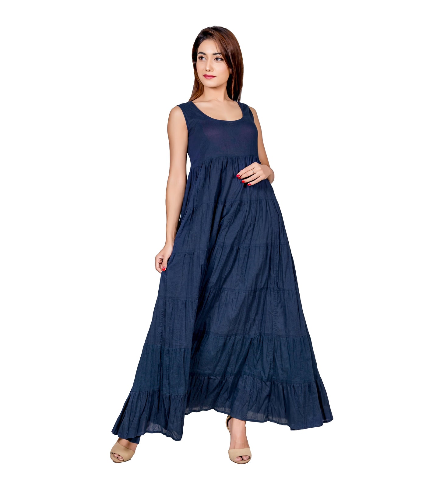 Blue & White Hand Block Printed Indo Western Long Jacket Dress