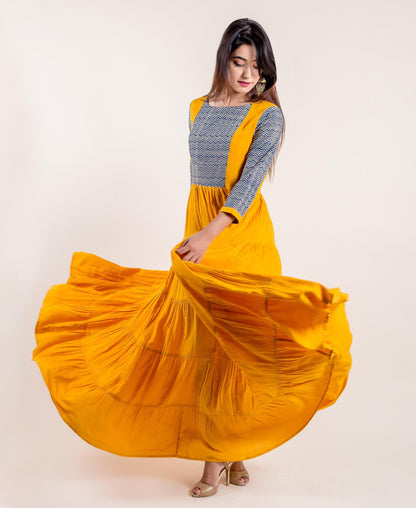 Layered Mustard Yellow / Chevron Indo Western Dress