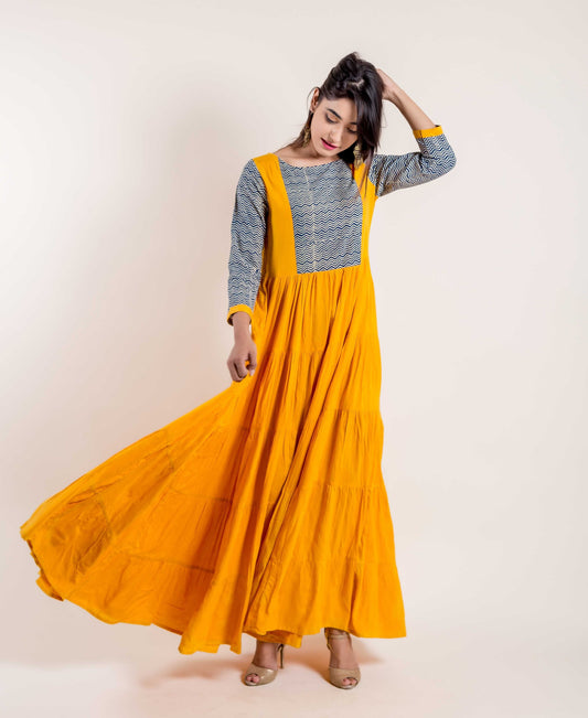 Layered Mustard Yellow / Chevron Indo Western Dress