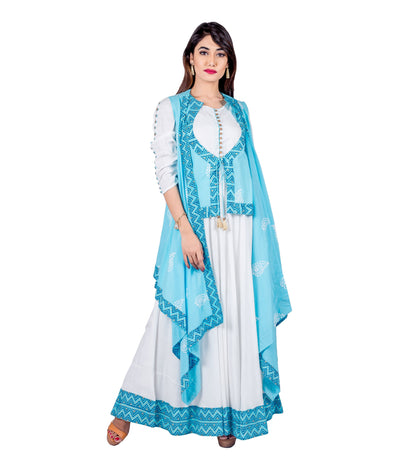 Aqua / White Hand Block Print Indo Western Maxi Dress with Jacket Waterfall Shrug