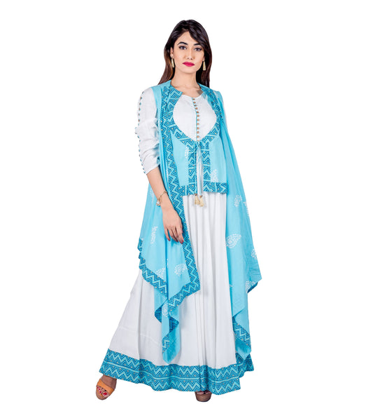 Aqua / White Hand Block Print Indo Western Maxi Dress with Jacket Waterfall Shrug