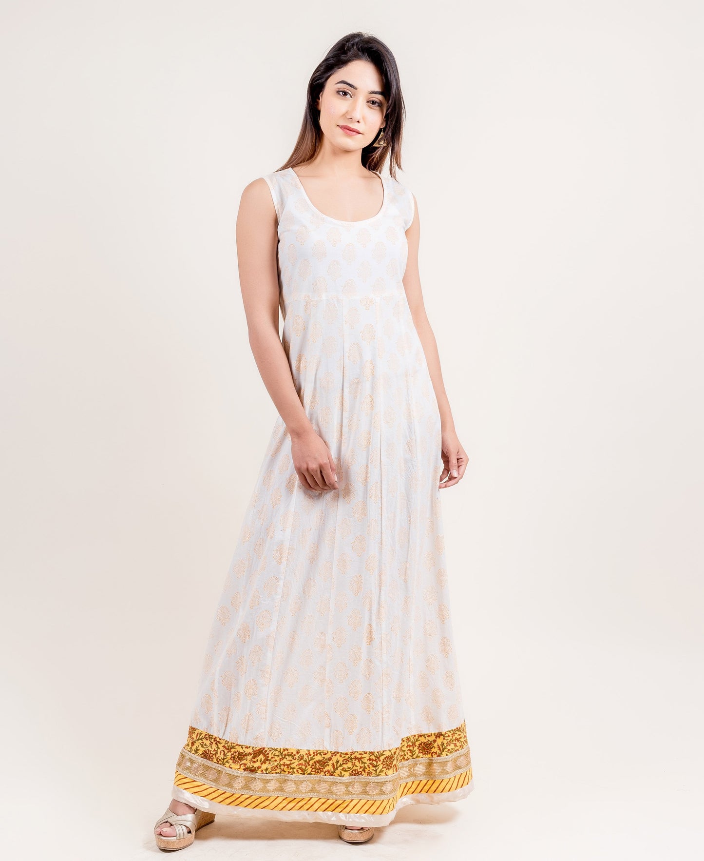 Yellow Hand Block Printed Floor Length Indo Wetern Dress
