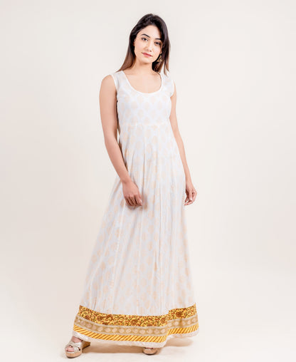 Yellow Hand Block Printed Floor Length Indo Wetern Dress
