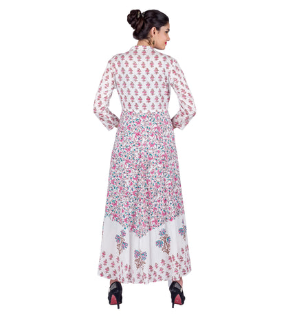 Pink / White Floral Hand Block Print Indo Western Dress