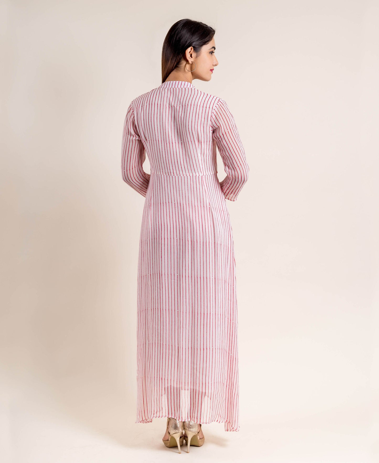 White / Red Hand Block Printed Georgette Indo Western Full Length Dress