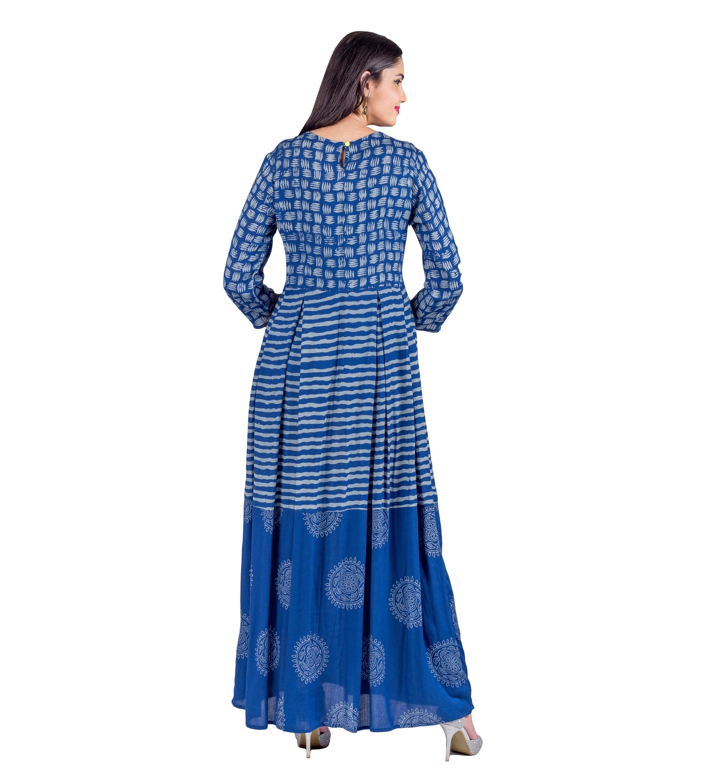 Indigo Pleated Hand Block Print Indo Western Dress with Waist Tassels
