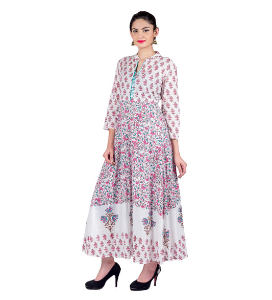 Pink / White Floral Hand Block Print Indo Western Dress