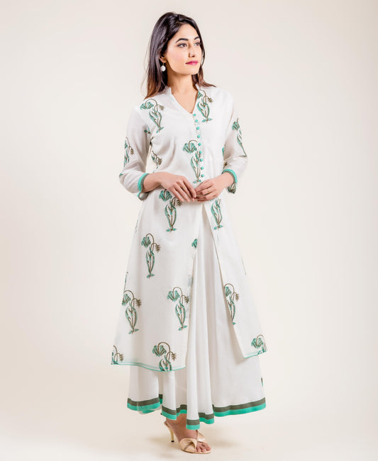 Floral Printed Ivory Chanderi Layered Long Dress