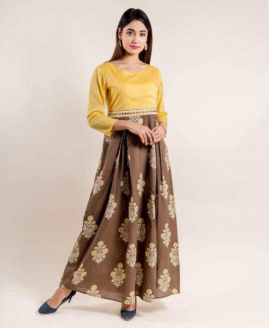 Brown Gold Hand Block Printed Indo Western Dress