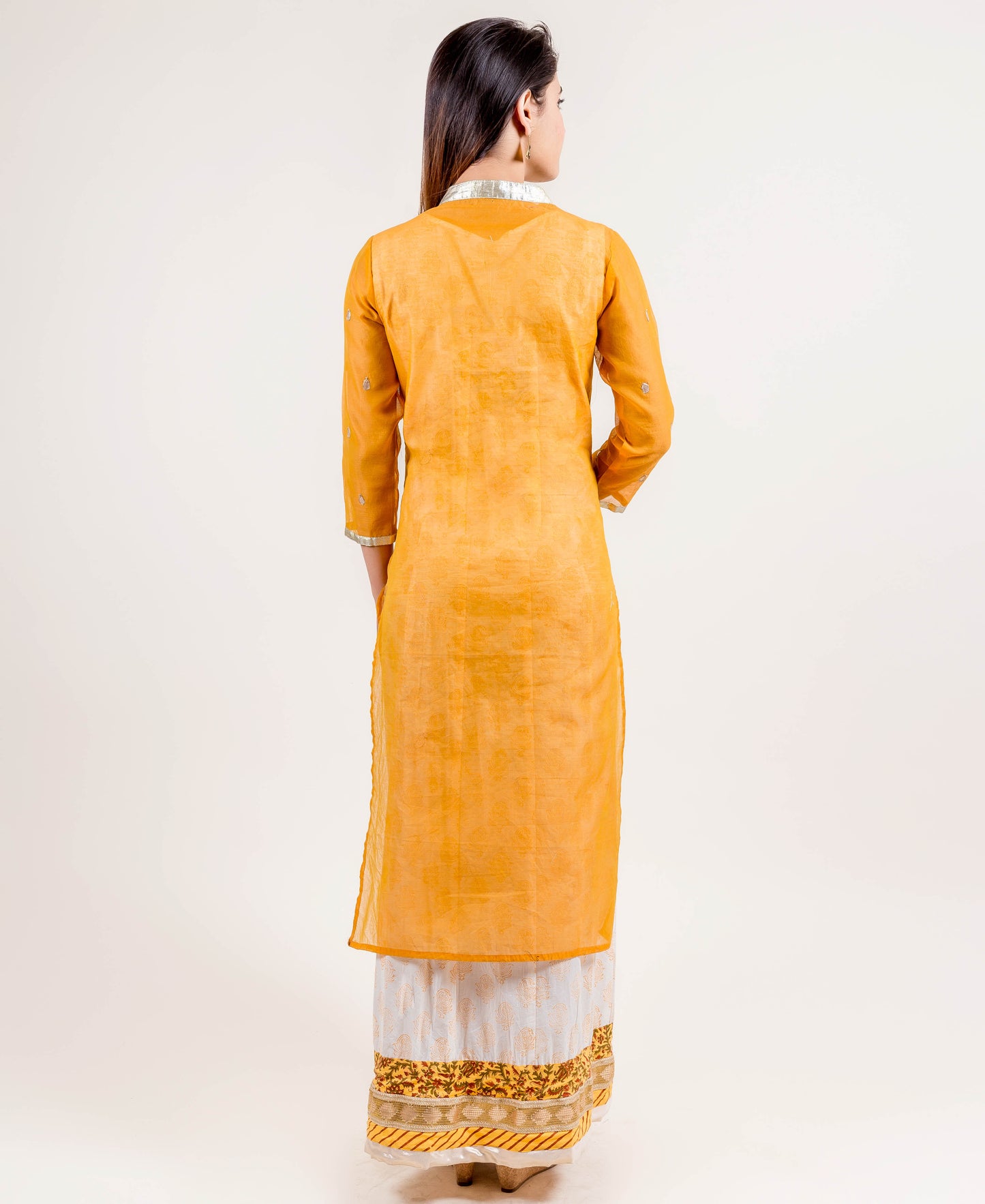 Yellow Hand Block Printed Floor Length Indo Wetern Dress