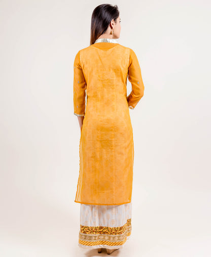Yellow Hand Block Printed Floor Length Indo Wetern Dress