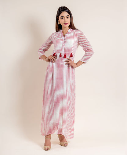 White / Red Hand Block Printed Georgette Indo Western Full Length Dress