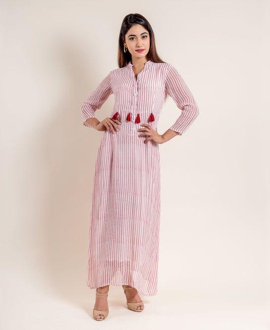 White / Red Hand Block Printed Georgette Indo Western Full Length Dress