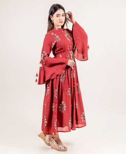 Classy Tasseled Long Dress With Hand Block Prints