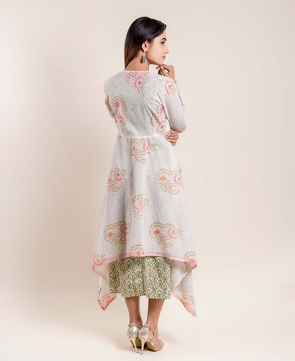Fern Green Hand Block Printed Indo Western Dress With Detachable Chanderi Jacket
