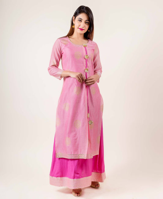 Tasseled Chanderi Pink With Gold Gota Print