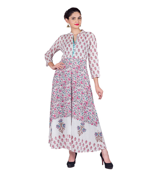 Pink / White Floral Hand Block Print Indo Western Dress