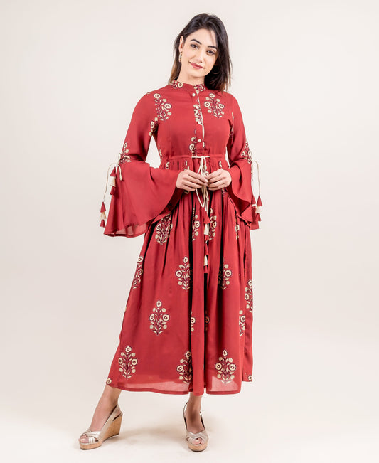Classy Tasseled Long Dress With Hand Block Prints