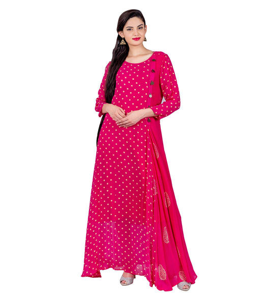 Fuchsia Hand Block Printed Indo Western Dress with Front Side Buttons