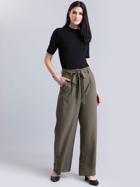 Paperbag Waist Tie Up Pants - Olive