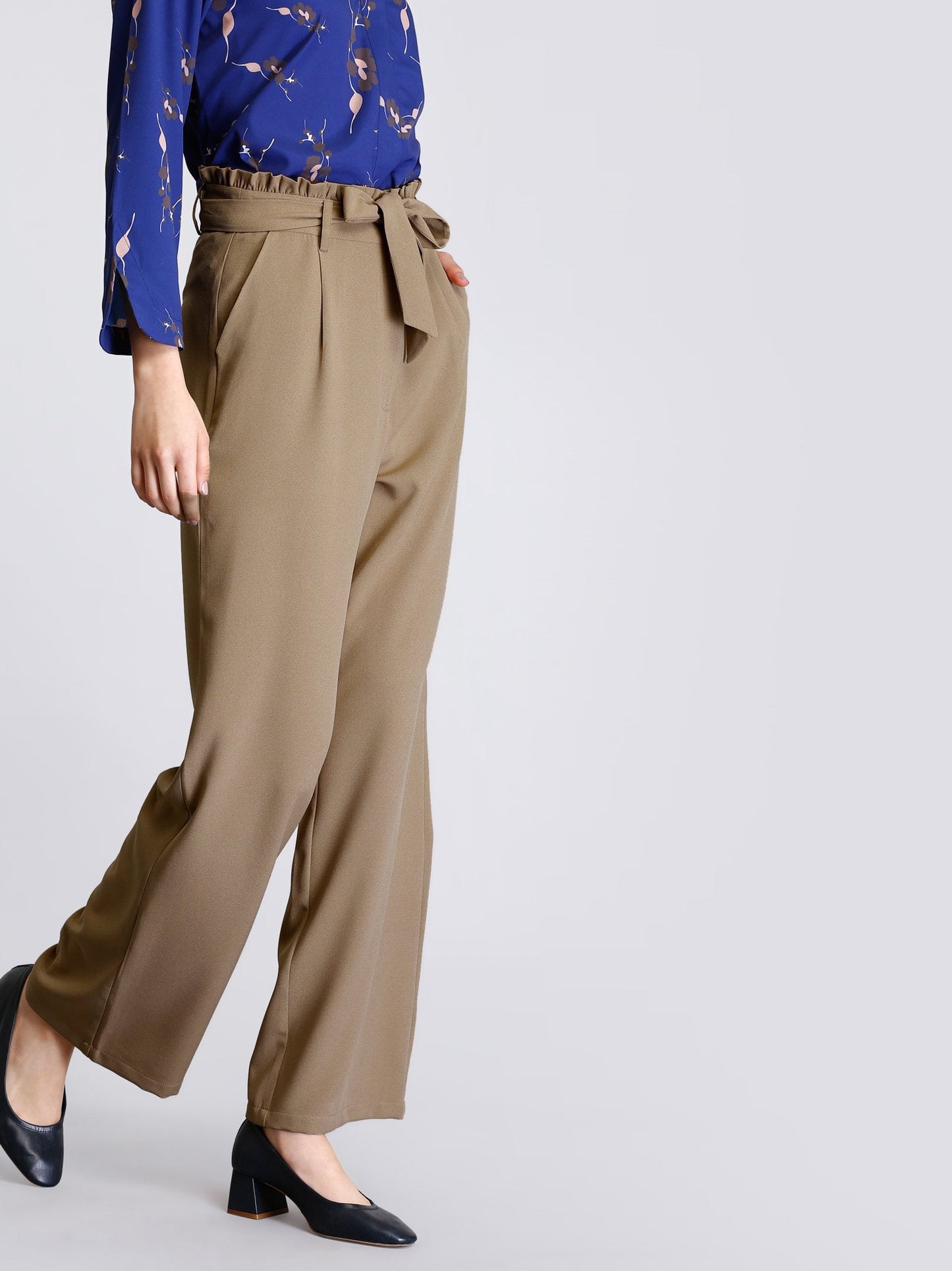 Paperbag Waist Tie Up Pants - Beige