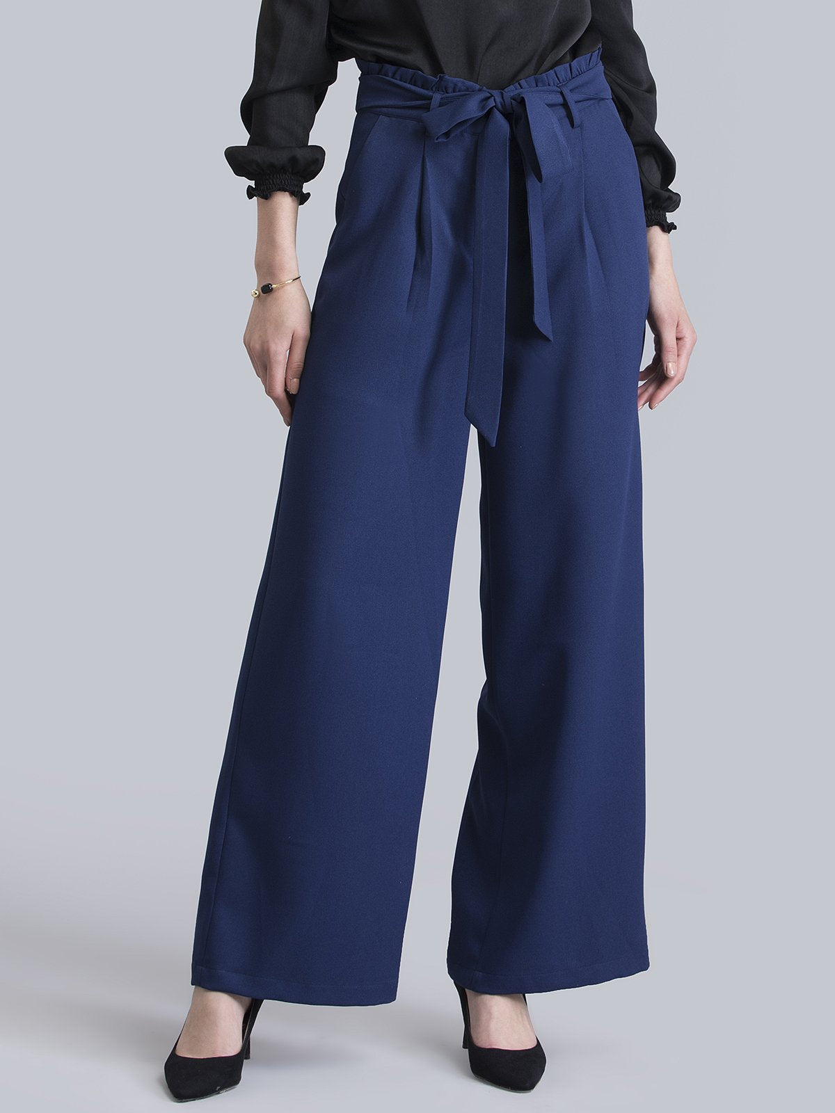 Paperbag Waist Tie Up Pants - Navy