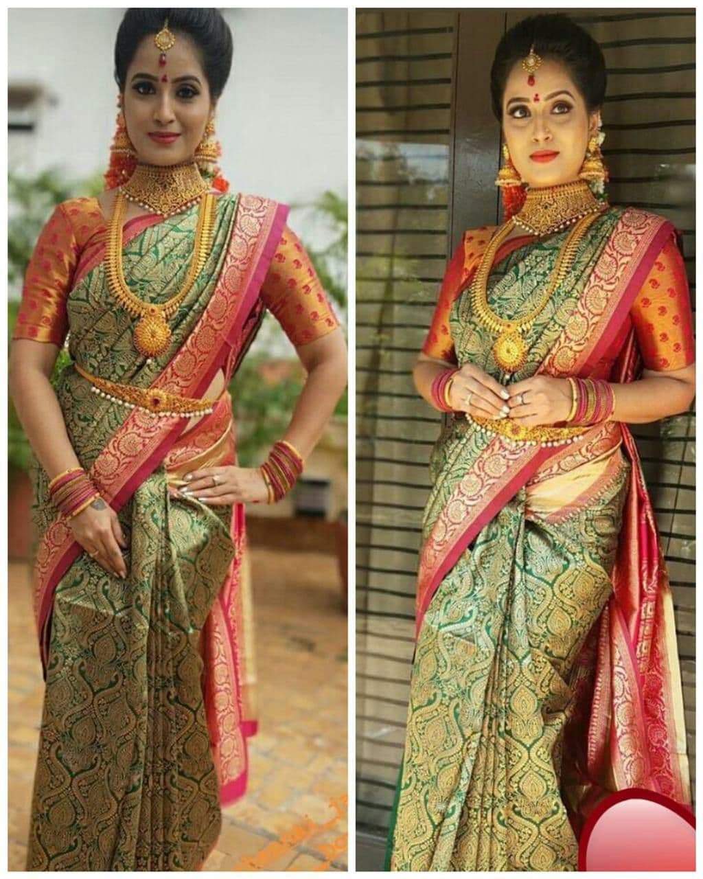 Valiba Green-rani Archaic Traditional Kanchi Soft Silk Sari With Attached Blouse Bandhani  Sarees
