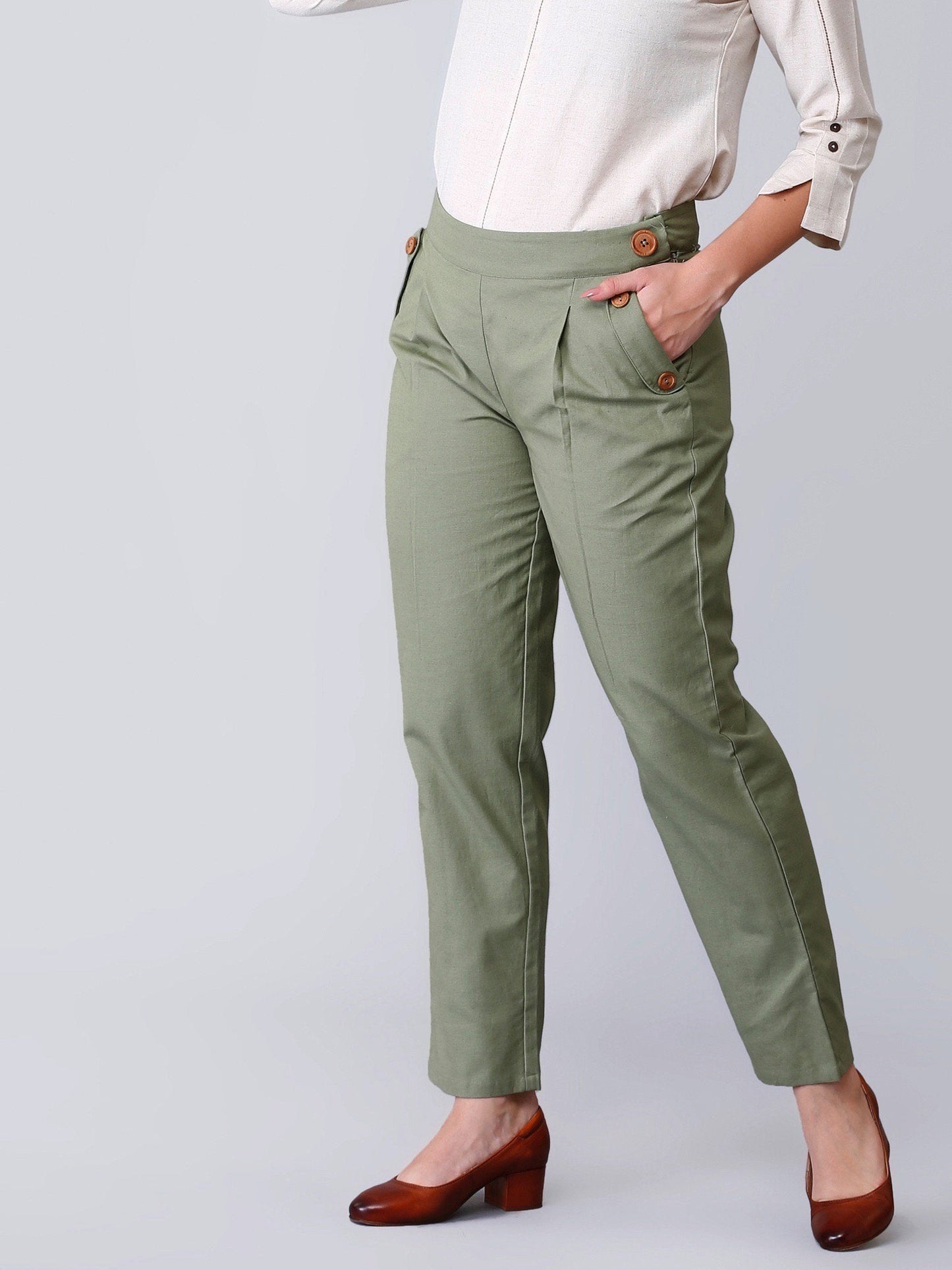 Pleated Linen Cropped Pants - Dusty Green