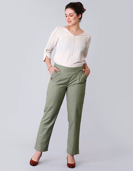 Pleated Linen Cropped Pants - Dusty Green