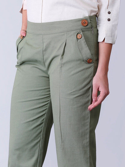 Pleated Linen Cropped Pants - Dusty Green