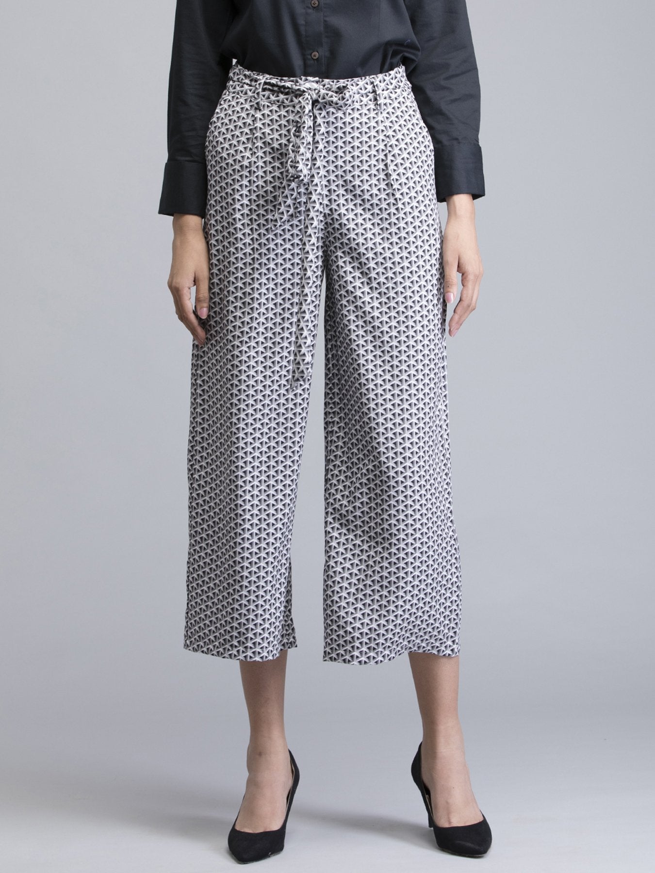 Pleated Geometric Print Culottes - Grey