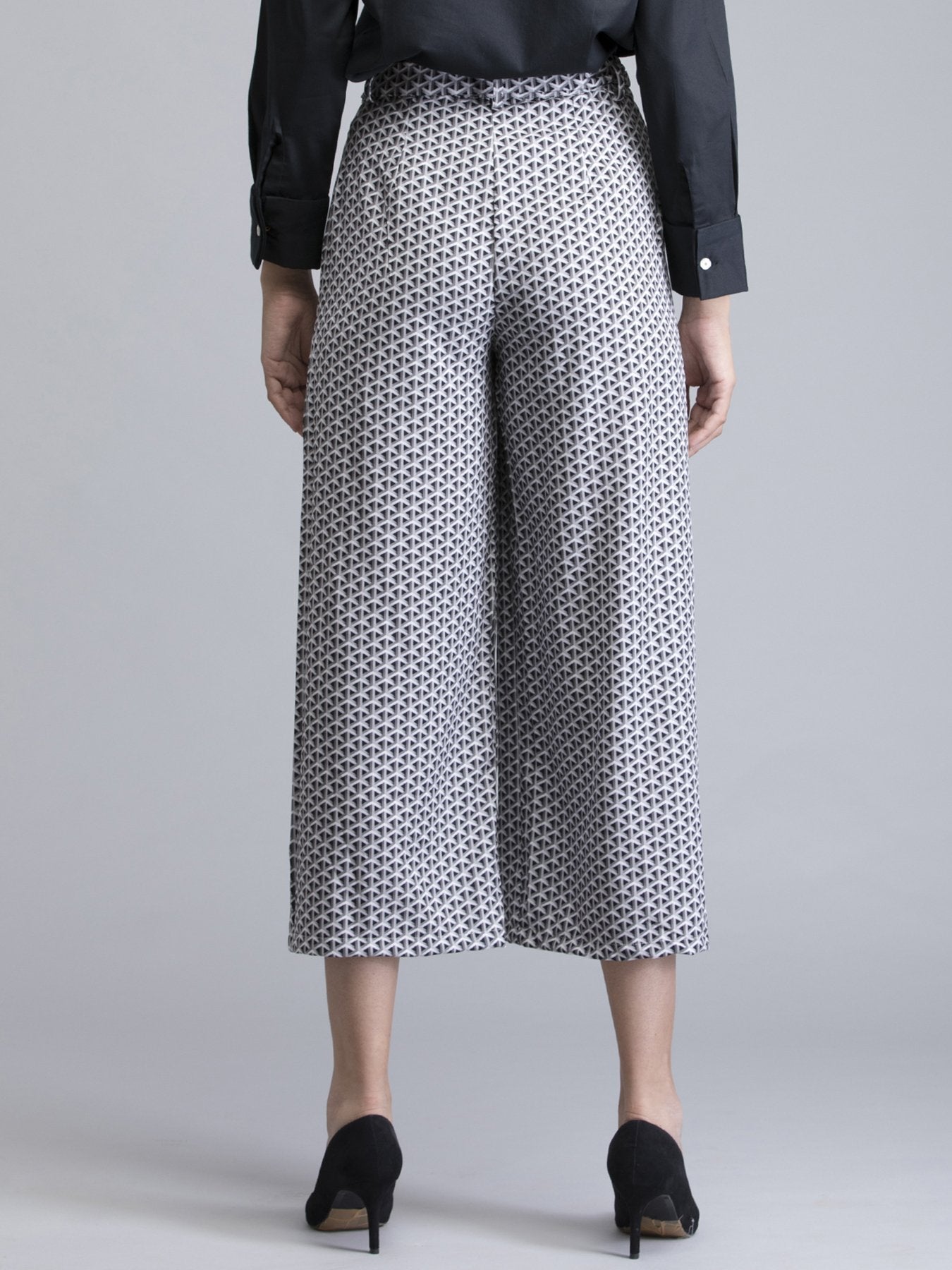 Pleated Geometric Print Culottes - Grey