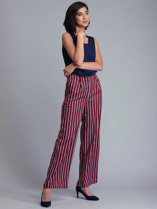 Pleated Striped Straight Fit Pants - Maroon