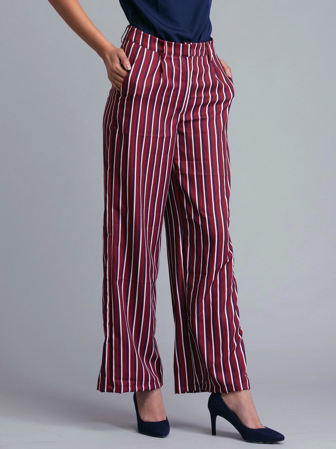 Pleated Striped Straight Fit Pants - Maroon