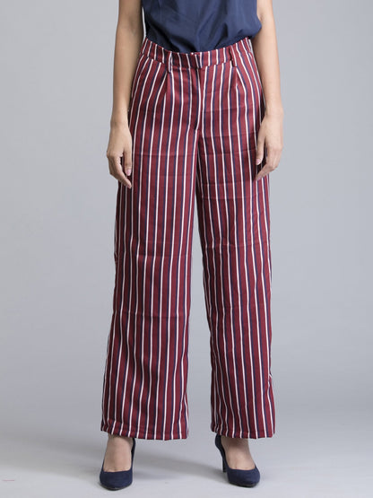 Pleated Striped Straight Fit Pants - Maroon