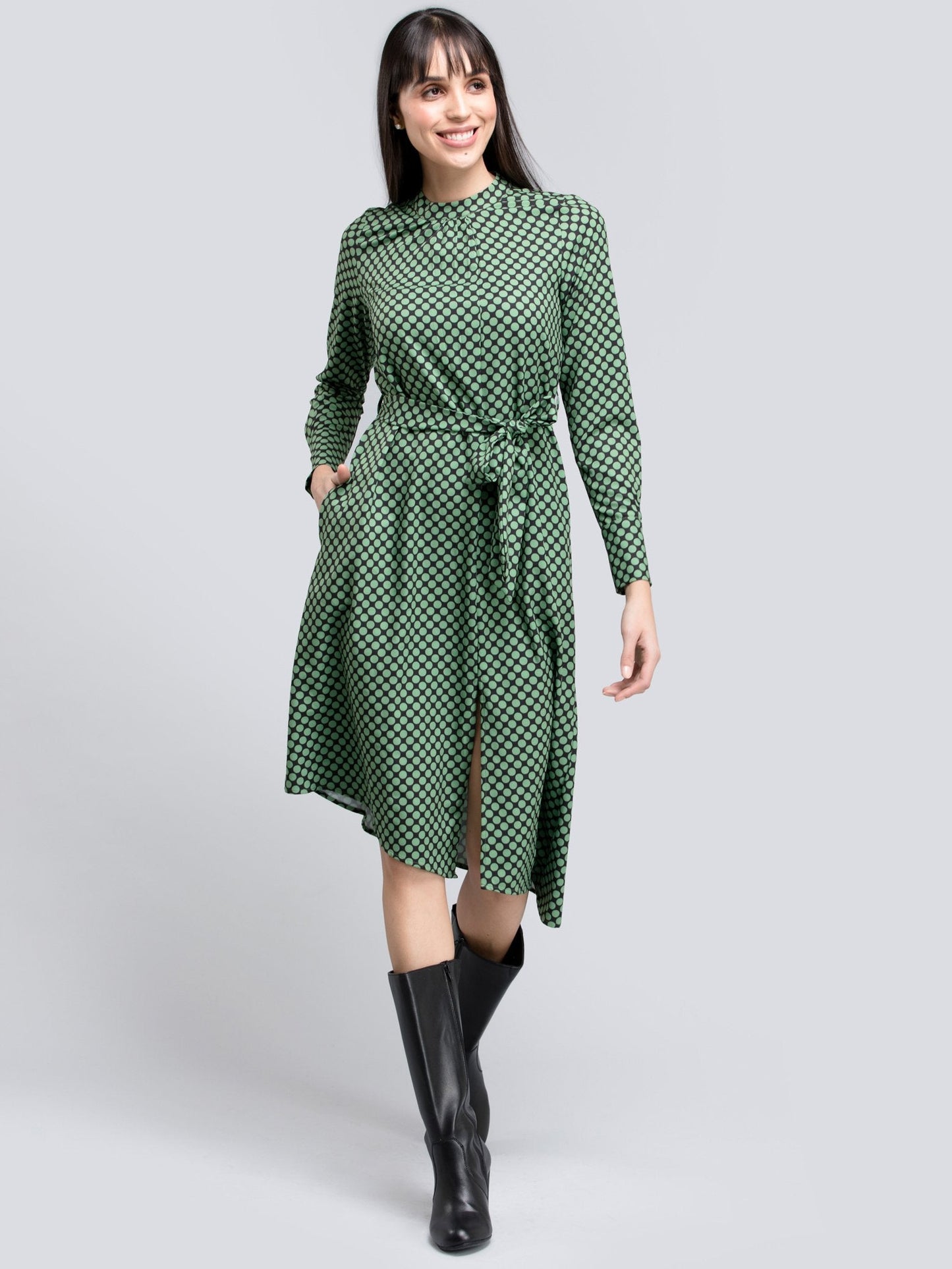 Polka Dot Tie Up Asymmetric Dress - Green and Black