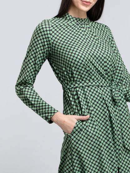 Polka Dot Tie Up Asymmetric Dress - Green and Black