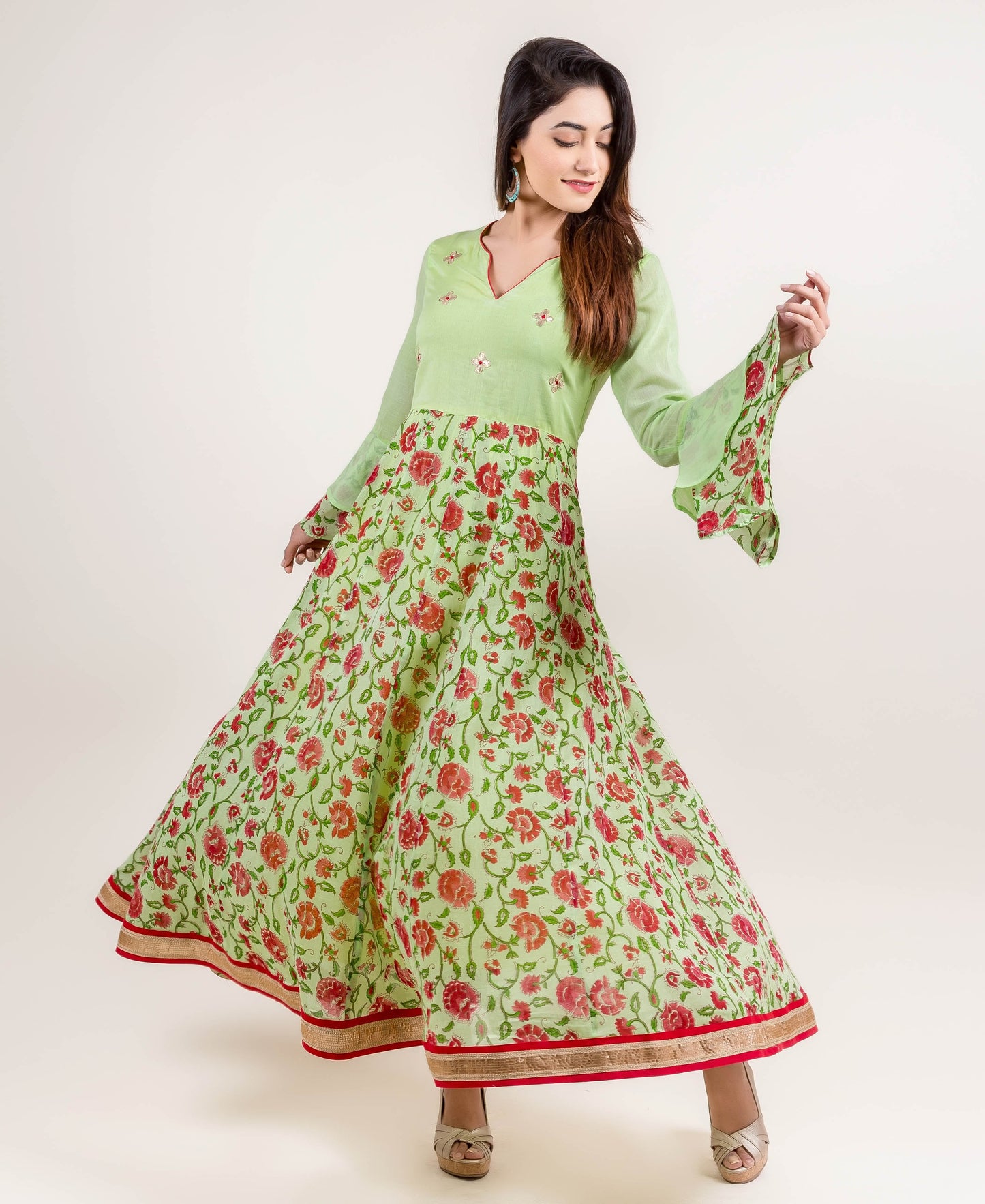 Elegant Embroidered Long Bell Sleeves Anarkali Dress
