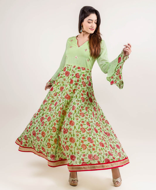 Elegant Embroidered Long Bell Sleeves Anarkali Dress