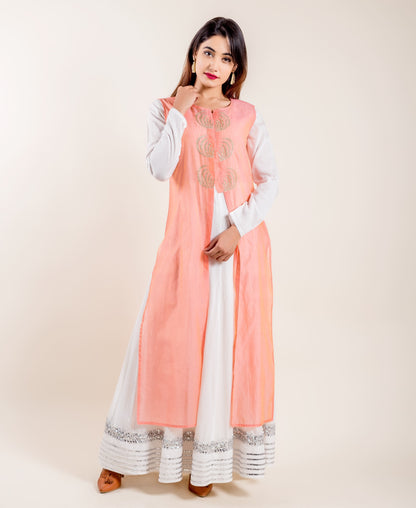 White Indo Western Dress with Peach Chanderi Jacket