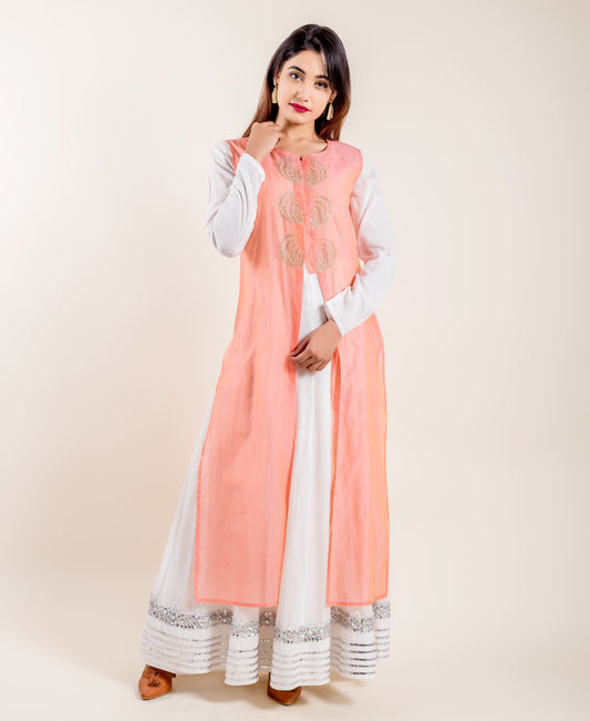 White Indo Western Dress with Peach Chanderi Jacket