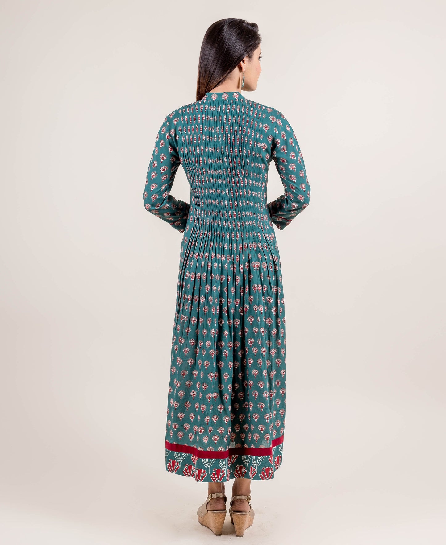 Hand Block Printed Long Teal Dress with Open Pintuck